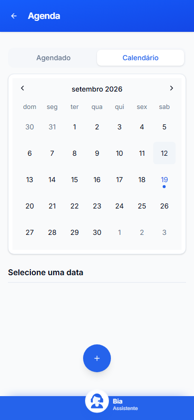 Calendário: selecione esta aba para consultar seus registros. — celular. Demonstração fictícia.
