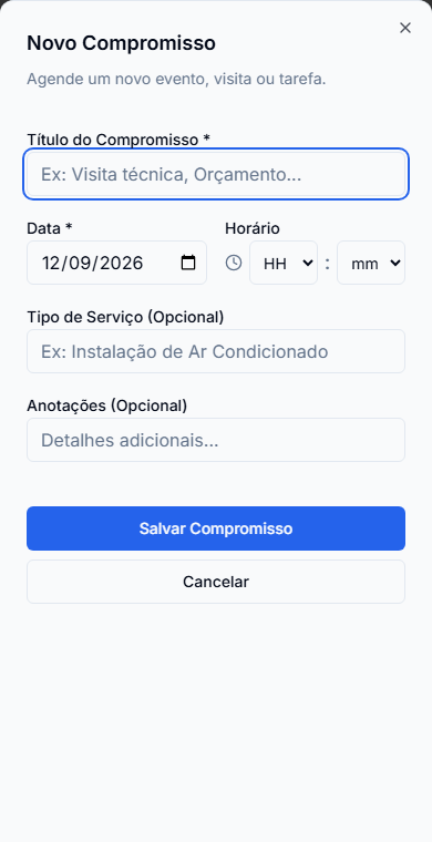 Novo Compromisso no celular: título, data, horário, tipo de serviço, anotações e Salvar.