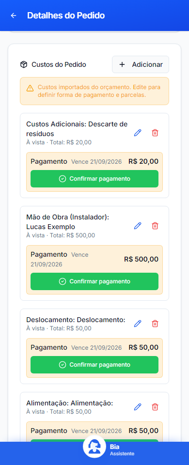 Os custos importados têm pagamentos próprios: o instalador receberá R$ 500 neste exemplo. Interface mobile real com dados fictícios.