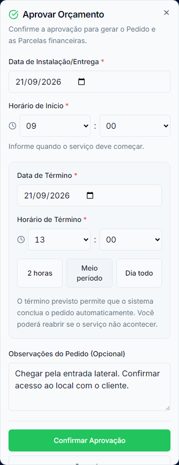 Início e término previstos: exemplo de serviço das 09:00 às 13:00. Interface mobile real com dados fictícios.