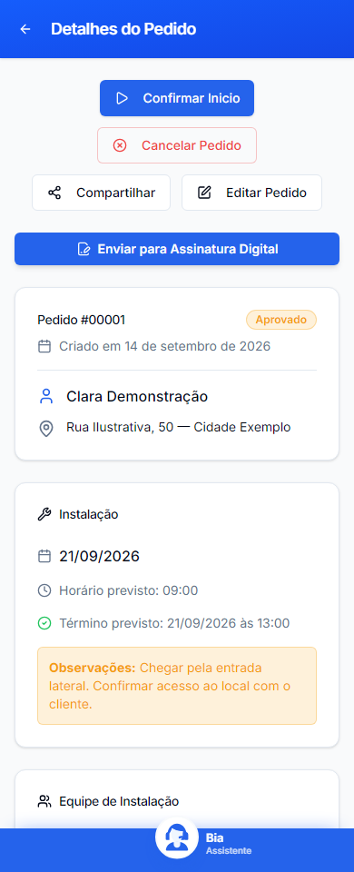 Pedido aprovado com cliente, início, término e orientação de acesso conferidos. Interface mobile real com dados fictícios.