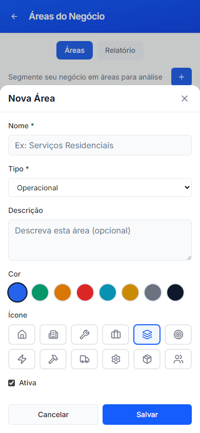 Nova Área do Negócio no celular: nome, tipo, descrição, cor, ícone, estado e Salvar.