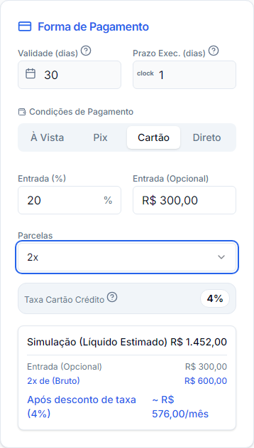 Simulação antes de lançar os custos internos: taxa de 4% sobre R$ 1.200,00, sem taxa sobre a entrada. Interface mobile real com dados fictícios.