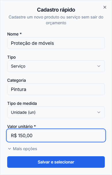 Exemplo alternativo de cadastro de serviço. Não foi incluído no total de R$ 1.500,00 da proposta demonstrada. Interface mobile real com dados fictícios.