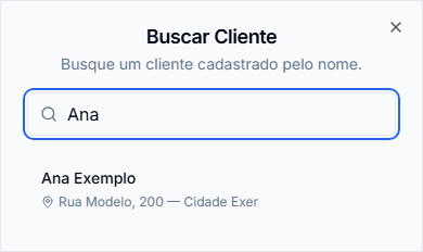 Busque um cadastro pelo nome e selecione o resultado correto. Interface mobile real com dados fictícios.