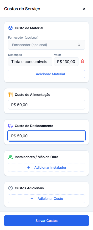 Primeira parte dos custos: R$ 130,00 de material, R$ 50,00 de alimentação e R$ 50,00 de deslocamento. Interface mobile real com dados fictícios.