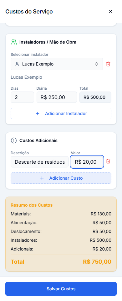 Segunda parte: duas diárias de R$ 250,00 e R$ 20,00 de descarte completam R$ 750,00 de custos. Interface mobile real com dados fictícios.