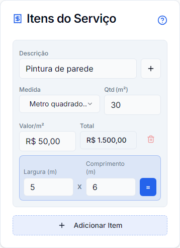 Exemplo: 5 × 6 metros = 30 m²; 30 × R$ 50,00 = R$ 1.500,00. Interface mobile real com dados fictícios.