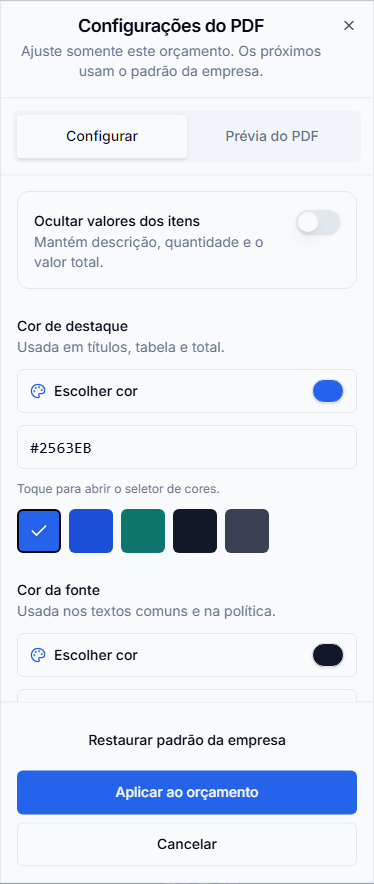 Configurações específicas da proposta, sem alterar o padrão da empresa. Interface mobile real com dados fictícios.