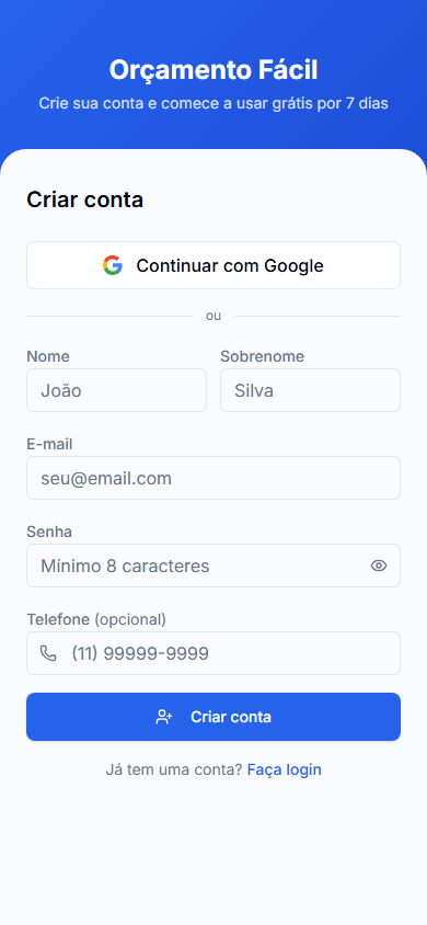 cadastro em celular, ambiente de demonstração.
