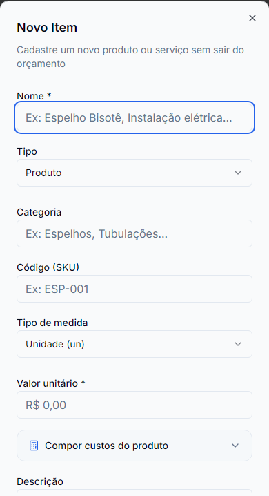 Novo Item do catálogo no celular: nome, tipo, categoria, SKU, medida, valor unitário e custos.