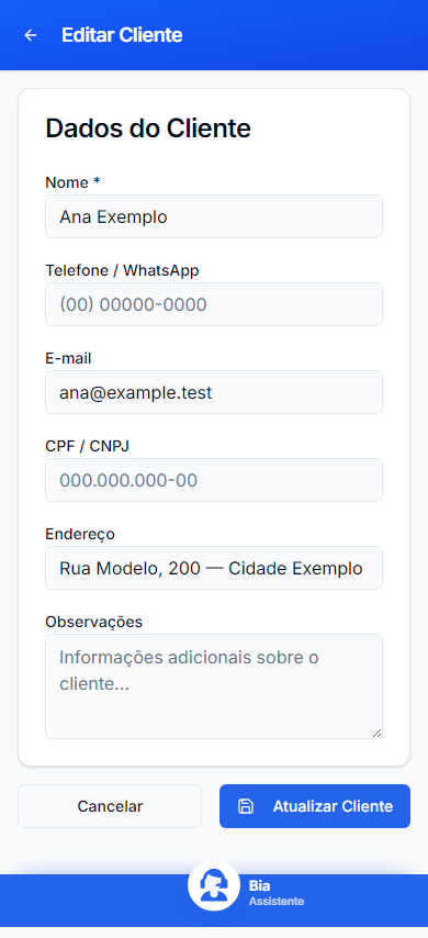 Editar Cliente no celular, com dados inteiramente fictícios.