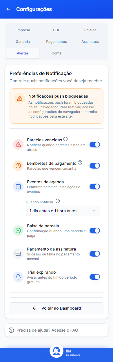Alertas nas Configurações mobile: permissão push bloqueada, parcelas, eventos, assinatura e Trial.