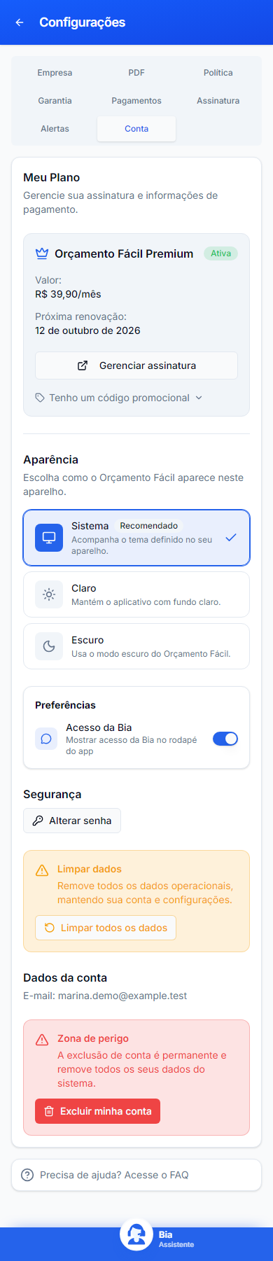 Conta nas Configurações mobile: plano, aparência, acesso da Bia, senha, limpeza e exclusão de dados fictícios.