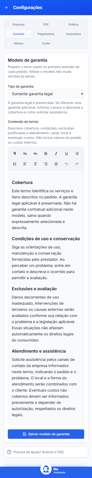 Garantia no celular, com dados inteiramente fictícios.