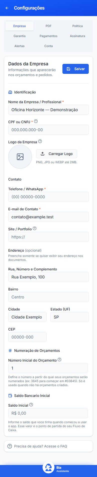 Configurações no celular, com dados inteiramente fictícios.