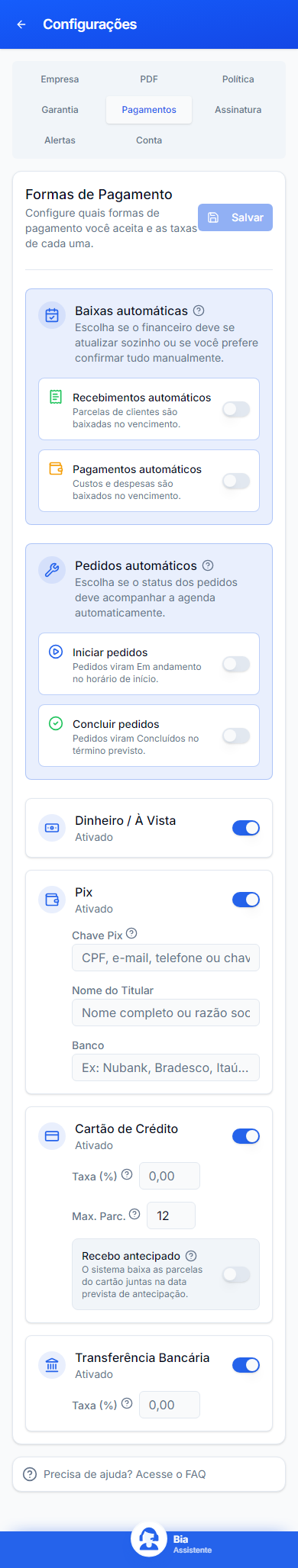 Pagamentos nas Configurações mobile: automações, formas aceitas, Pix, cartão, taxas e antecipação.