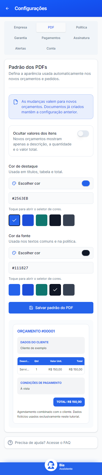 PDF no celular, com dados inteiramente fictícios.