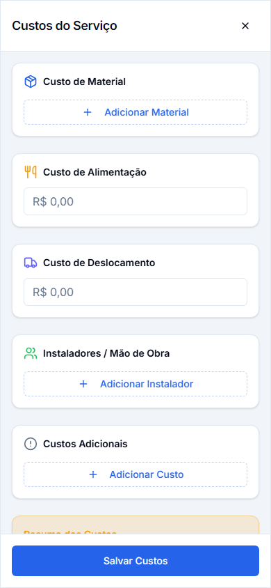 Diálogo Gerenciar Custos no celular, com dados fictícios.