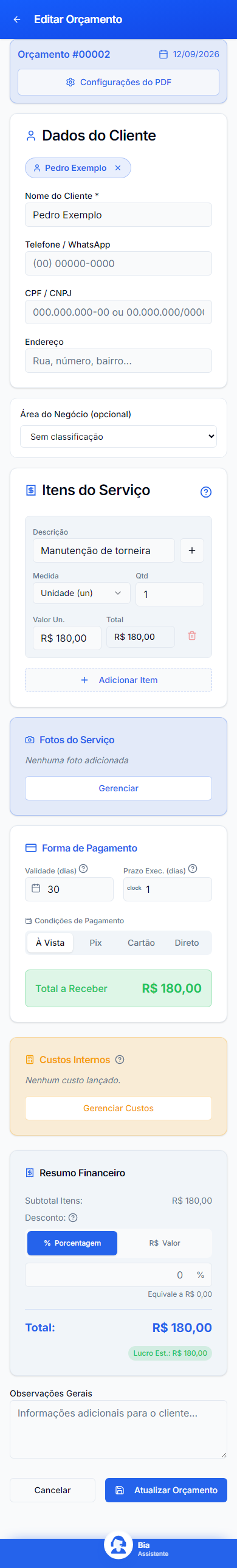 editar-orcamento em celular, ambiente de demonstração.
