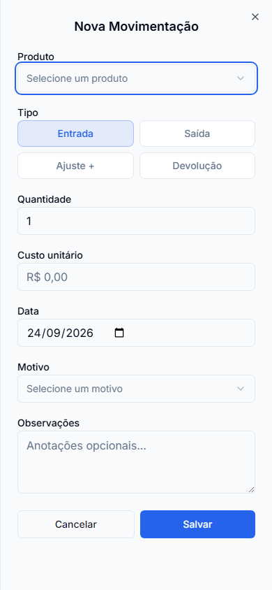 Nova Movimentação após carregar os produtos: escolha o item, revise o tipo e informe quantidade, custo, data e motivo. Formulário mobile real com dados fictícios.