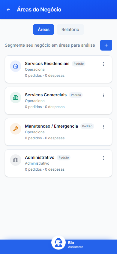 Áreas do Negócio no celular com abas Áreas e Relatório, botão de inclusão e quatro áreas padrão.