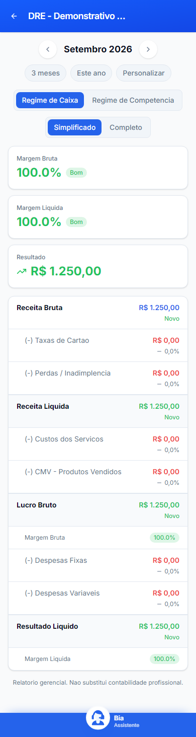 DRE - Demonstrativo de Resultados no celular, com dados inteiramente fictícios.