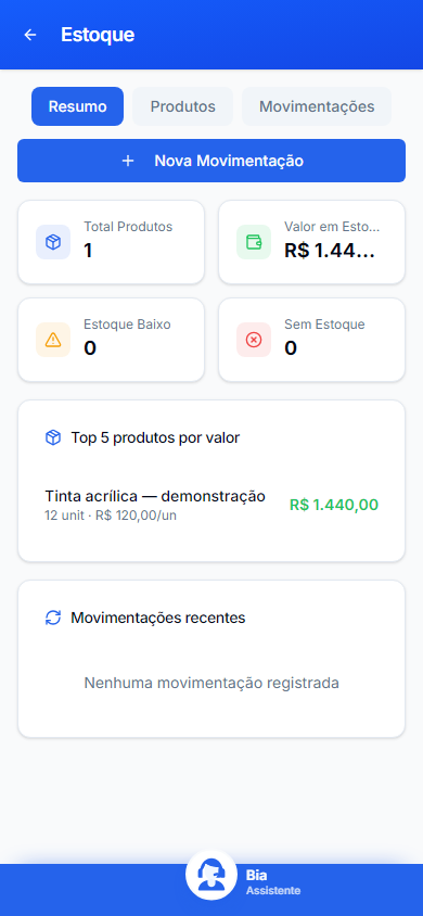 Estoque no celular, com dados inteiramente fictícios.