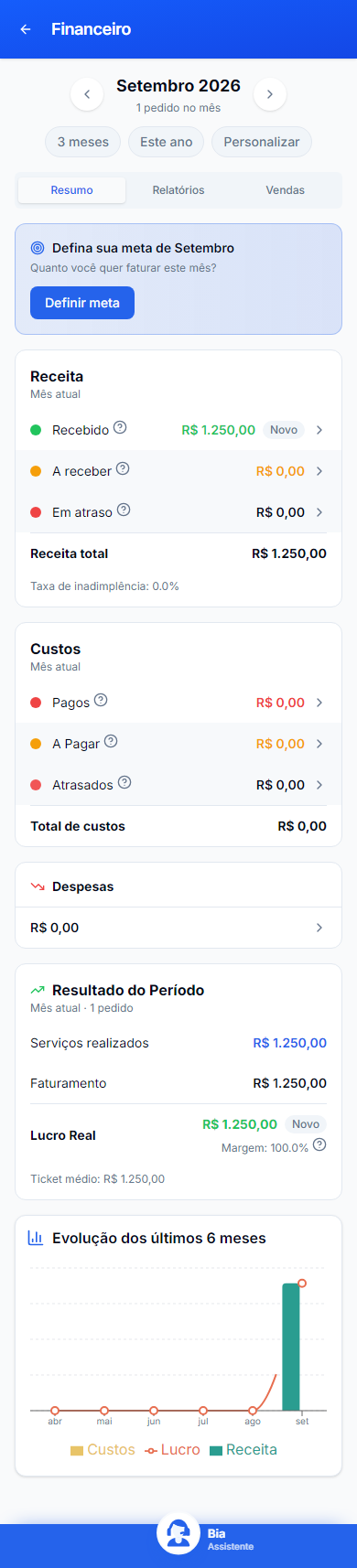 Financeiro no celular, com dados inteiramente fictícios.