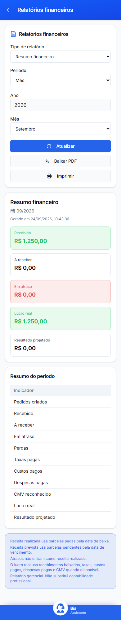 Relatórios financeiros no celular: tipo, período, atualização, exportação e resultado fictício.
