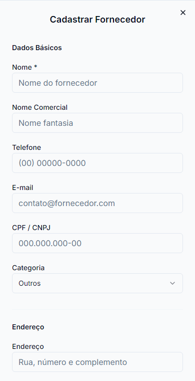 Cadastro de fornecedor no celular: nome, nome comercial, telefone, e-mail, documento, categoria e endereço.