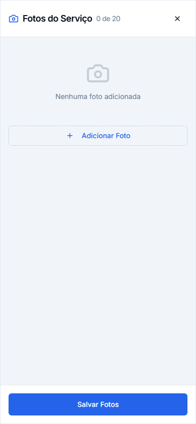 Fotos do Serviço no celular, com contador zero de vinte, Adicionar Foto e Salvar Fotos; nenhuma imagem foi adicionada neste exemplo.
