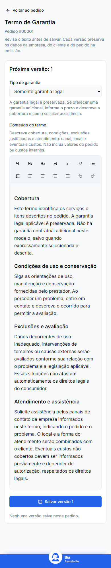Editor do termo de garantia no celular: tipo de garantia, conteúdo do termo e botão para salvar uma versão do pedido.