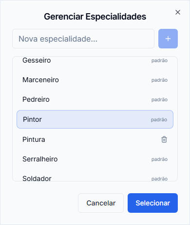 Janela mobile Gerenciar Especialidades com Pintor selecionado, campo Nova especialidade e botão Selecionar.
