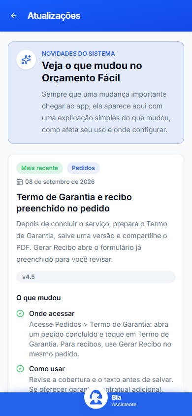 Atualizações no celular, com cartão de novidade, data e explicação de onde acessar e como usar uma mudança fictícia.