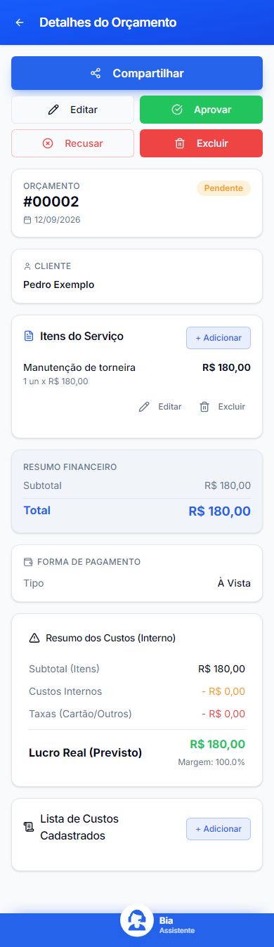 Detalhes do Orçamento no celular, com dados inteiramente fictícios.