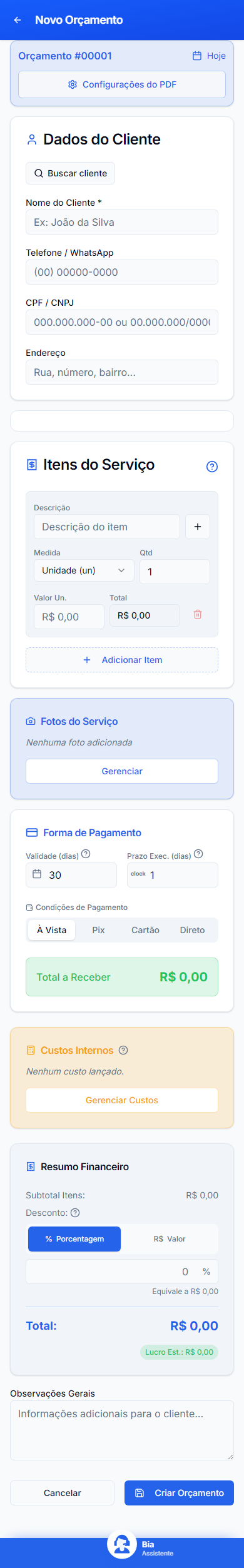 Novo Orçamento no celular, com dados inteiramente fictícios.