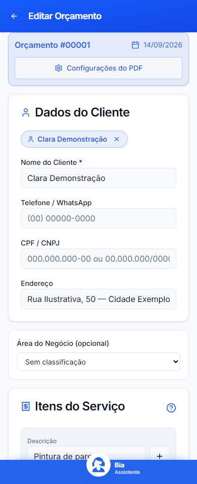 Na edição, o acesso às configurações do documento fica no topo do formulário. Interface mobile real com dados fictícios.