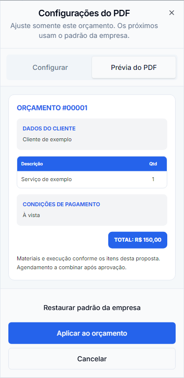 Prévia com dados de exemplo e preços individuais ocultos; o total ilustrativo não é o da sua proposta. Interface mobile real com dados fictícios.