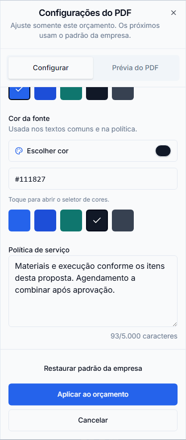 Cor da fonte e Política de serviço nas Configurações do PDF. Interface mobile real com dados fictícios.