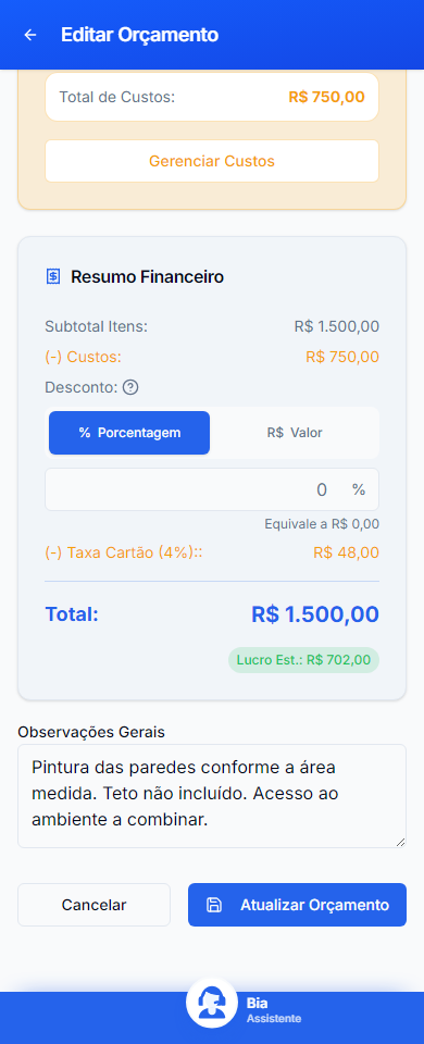 Depois de aplicar as preferências, salve o formulário para gerar o PDF com a nova configuração. Interface mobile real com dados fictícios.