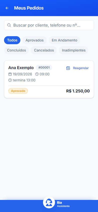 Meus Pedidos no celular, com dados inteiramente fictícios.