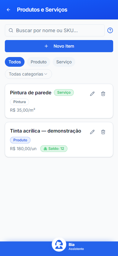 Produtos e Serviços no celular, com dados inteiramente fictícios.