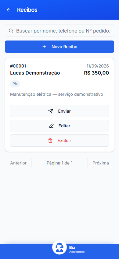 Recibos no celular, com dados inteiramente fictícios.