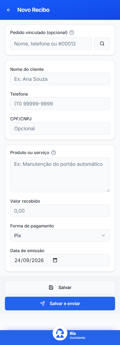 Novo Recibo no celular: pedido opcional, cliente, contato, serviço, valor recebido e Salvar.