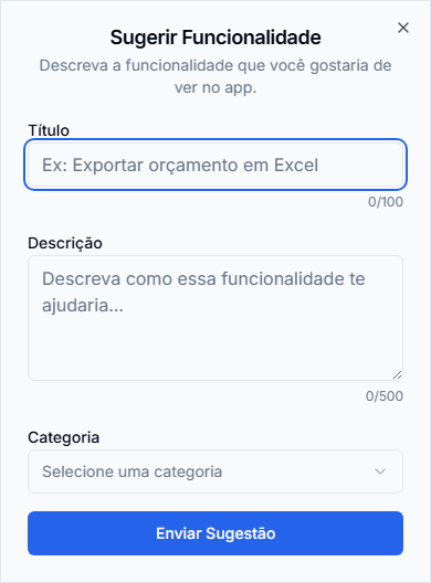 Sugerir Funcionalidade no celular: título, descrição, categoria e ação Enviar Sugestão.