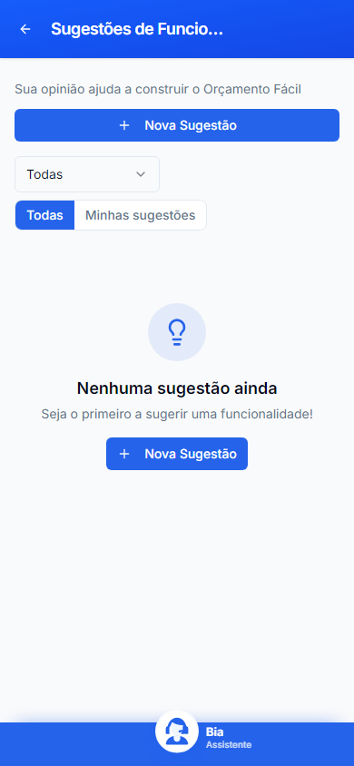 Sugestões de Funcionalidades no celular, com dados inteiramente fictícios.