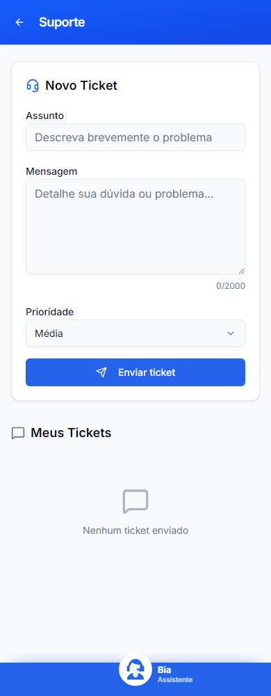 Suporte no celular, com dados inteiramente fictícios.